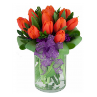 Sunlit Elegance One Dozen Orange Tulips in Vase