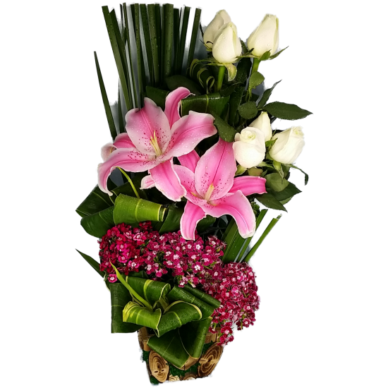 Lily and Roses arrangement in a Wicker Basket Lily and Roses arrangement in a Wicker Basket
