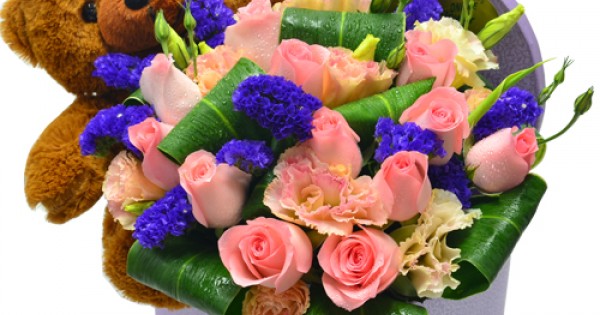 Teddy Bear in Your Heart with One Dozen Pink Roses
