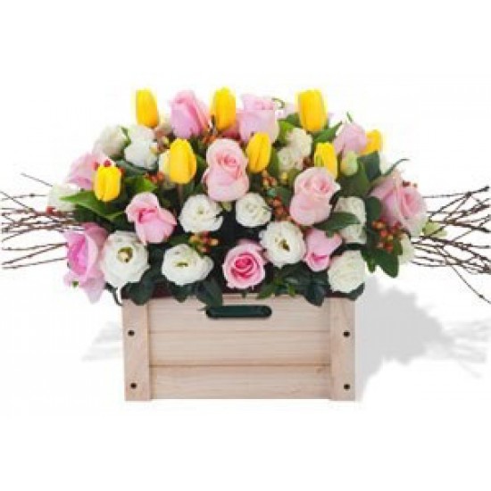Tulips on Salix Frame, 9 Tulips and 12 Roses Tulips on Salix Frame, 9 Tulips and 12 Roses