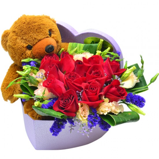 Elegant Romance One Dozen Red Roses with Teddy in Heart Box Elegant Romance One Dozen Red Roses with Teddy in Heart Box