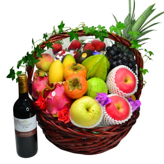 Seasonal Fruits Hamper with Red Wine Seasonal Fruits Hamper with Red Wine